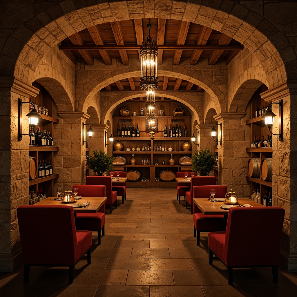 Prompt: Rustic wine cellar, warm earthy tones, stone walls, wooden barrels, dimly lit atmosphere, stylish pendant lamps, wrought iron chandeliers, soft warm glow, golden lighting, cozy nooks, vintage wine bottles, rich wood accents, natural stone floors, arched ceilings, intimate seating areas, plush armchairs, candlelit tables, ambient shadows, shallow depth of field, 1/2 composition, realistic textures, subtle color grading.