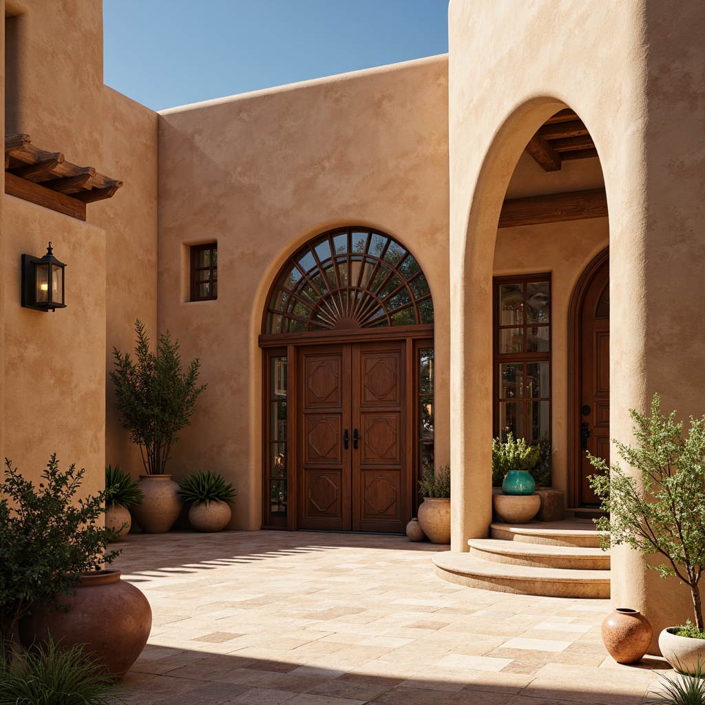 Prompt: Adobe earth tones, stucco walls, curved lines, rounded arches, ornate wooden doors, wrought iron fixtures, terracotta roof tiles, clay pottery accents, natural stone flooring, vibrant turquoise hues, sandy beige textures, rustic metal lanterns, Southwestern-inspired patterns, intricate geometric motifs, warm sunny lighting, shallow depth of field, 3/4 composition, panoramic view, realistic textures, ambient occlusion.