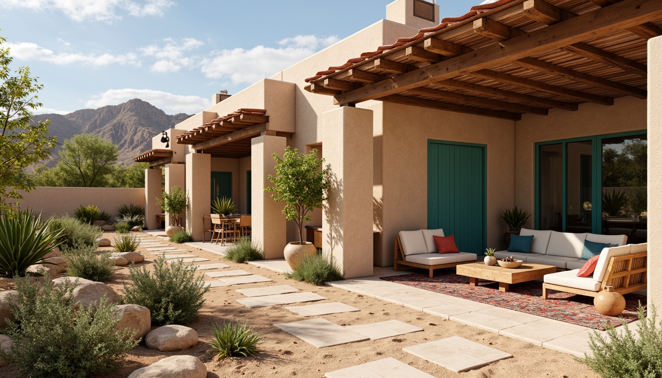 Prompt: Earthy southwestern villa, warm beige stucco exterior, rusty red roof tiles, wooden accents, natural stone columns, vibrant turquoise accents, desert botanicals, succulent plants, sandy walkways, warm sunny day, soft diffused lighting, shallow depth of field, 3/4 composition, panoramic view, realistic textures, ambient occlusion, earthy terracotta pots, woven wicker furniture, colorful textiles, geometric patterned rugs.