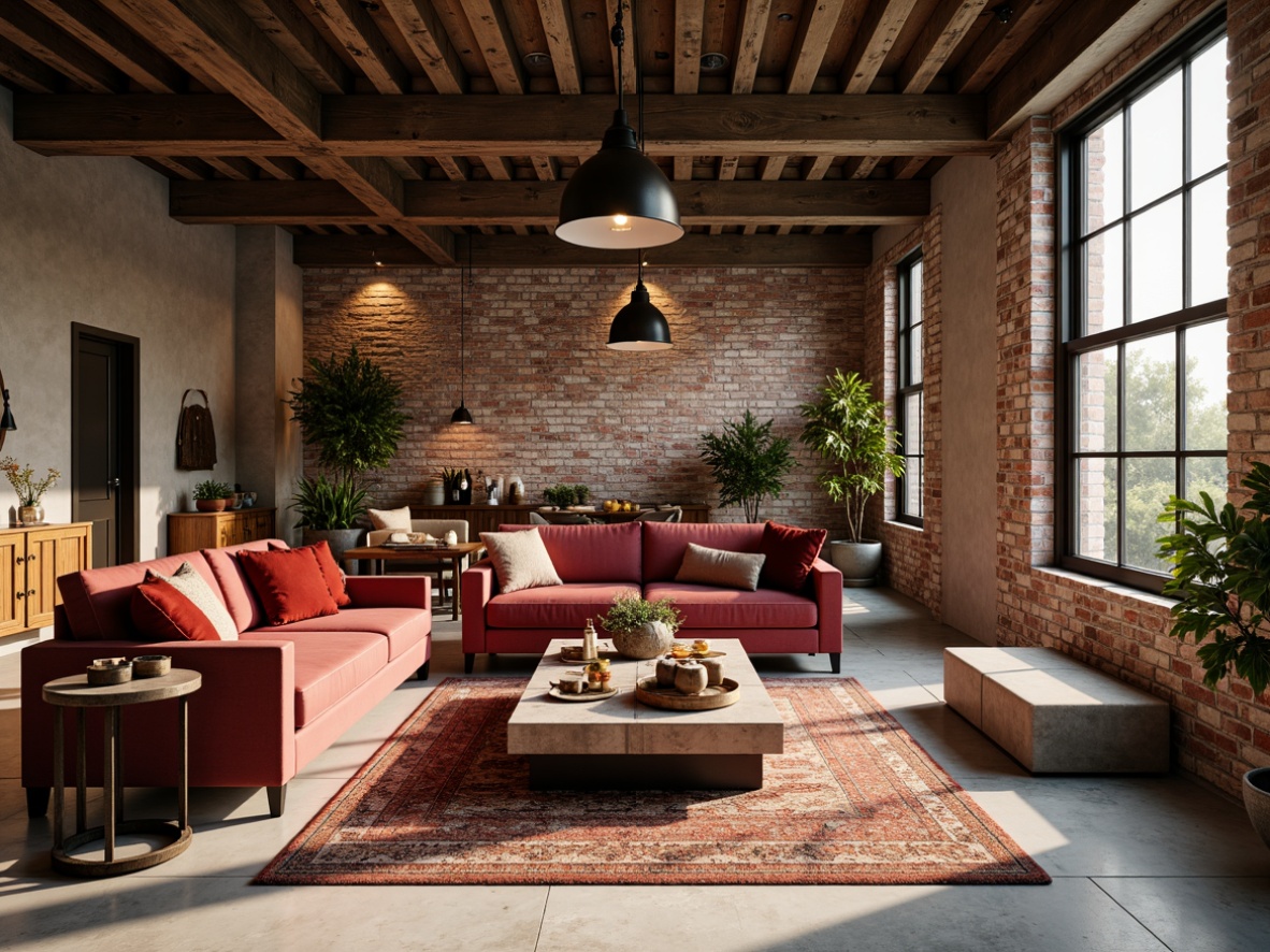 Prompt: Luxurious velvet sofas, distressed wooden coffee tables, polished marble floors, soft silk rugs, industrial metal lighting fixtures, rustic brick walls, sleek glass accents, minimalist concrete benches, vibrant woven textiles, natural fiber upholstery, eclectic mix of patterns and materials, warm golden lighting, shallow depth of field, 1/1 composition, realistic render, ambient occlusion.