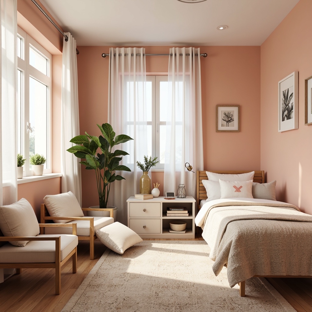 Prompt: Cozy dorm room, pastel color scheme, soft peach walls, creamy white furniture, warm beige carpet, rich wood accents, plush textiles, geometric patterns, subtle metallic hints, natural light pouring in, sheer curtains, minimal decor, calming ambiance, relaxed atmosphere, soft focus, 1/1 composition, realistic rendering, ambient occlusion.