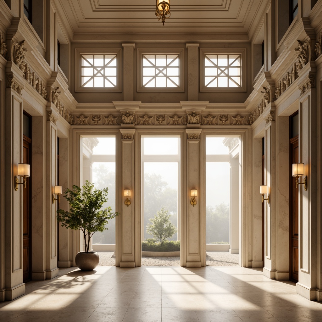 Prompt: Elegant neoclassical architecture, ornate details, subtle moldings, refined columns, symmetrical facades, neutral beige stone walls, creamy white marble floors, rich wood accents, gilded ornaments, soft warm lighting, atmospheric mist, cinematic composition, realistic textures, ambient occlusion.Let me know if you need any adjustments!