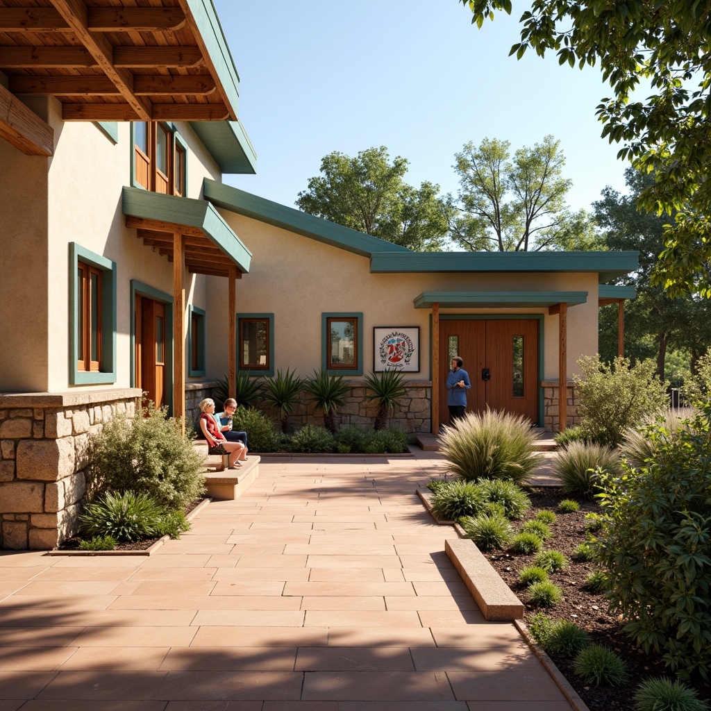 Prompt: Earthy community center, rustic wooden accents, natural stone foundations, warm beige exterior walls, soft sage green roofs, vibrant turquoise trimmings, cozy terracotta floors, earthy brown doors, whimsical folk-art decorations, lush greenery surroundings, sunny day, soft warm lighting, shallow depth of field, 3/4 composition, realistic textures, ambient occlusion.