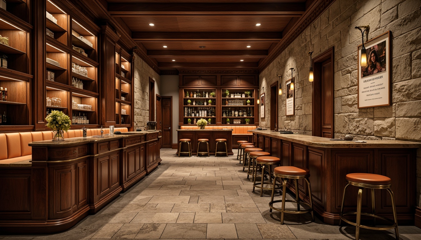 Prompt: Elegant wooden cabinetry, polished brass hardware, rich leather upholstery, warm ambient lighting, rustic stone walls, sophisticated glass shelves, metallic bar stools, vintage-inspired signage, earthy tone color palette, natural wood grain textures, ornate metalwork details, soft box lighting, 1/2 composition, intimate atmosphere, realistic reflections.