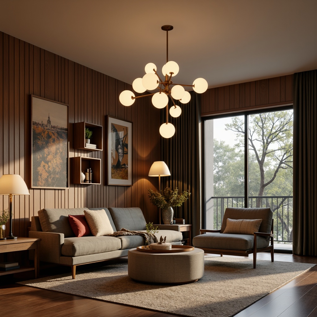 Prompt: Mid-century modern living room, retro-style lighting fixtures, sputnik chandeliers, globe pendants, minimalist table lamps, brass accents, walnut wood tones, geometric patterns, natural textiles, earthy color palette, warm soft lighting, ambient glow, 1/2 composition, shallow depth of field, realistic reflections.