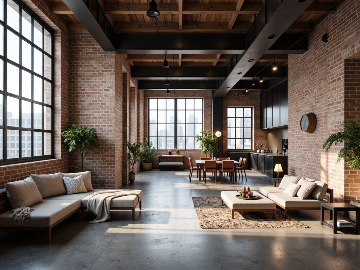 Prompt: Exposed brick walls, industrial metal beams, polished concrete floors, reclaimed wood accents, minimalist decor, abundant natural light, large windows, steel doors, urban cityscape views, modern brutalist architecture, open-plan living areas, flexible layouts, functional zones, cozy reading nooks, textured throw blankets, pendant lamps, airy atmospheres, soft warm lighting, shallow depth of field, 3/4 composition, realistic textures, ambient occlusion.