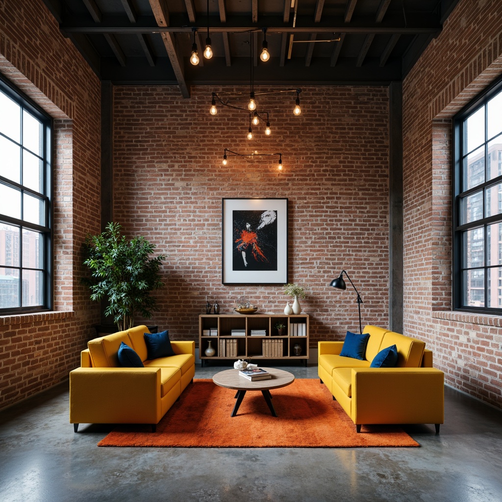 Prompt: Exposed brick walls, industrial metal beams, polished concrete floors, reclaimed wood accents, vintage factory windows, minimalist decor, brutalist architectural style, pop of bright colors, bold yellow armchairs, deep blue throw pillows, vibrant orange rugs, eclectic art pieces, industrial chic lighting fixtures, urban loft atmosphere, rough-textured stone walls, distressed wooden crates, Edison bulb pendant lights, gritty city views, moody atmospheric shadows, cinematic composition, dramatic high ceilings.