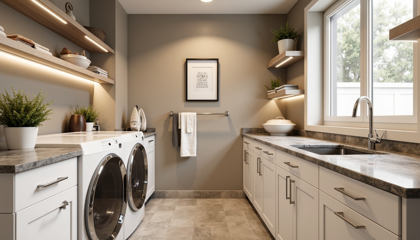 Prompt: Modern laundry room, sleek countertops, durable quartz surfaces, stainless steel appliances, white cabinets, bright LED lighting, soft-close drawers, wall-mounted shelves, hanging rods, built-in ironing boards, soapstone sink, high-arc faucet, warm beige walls, polished chrome fixtures, functional layout, ample storage space, natural stone flooring, 1/1 composition, softbox lighting, realistic textures, ambient occlusion.