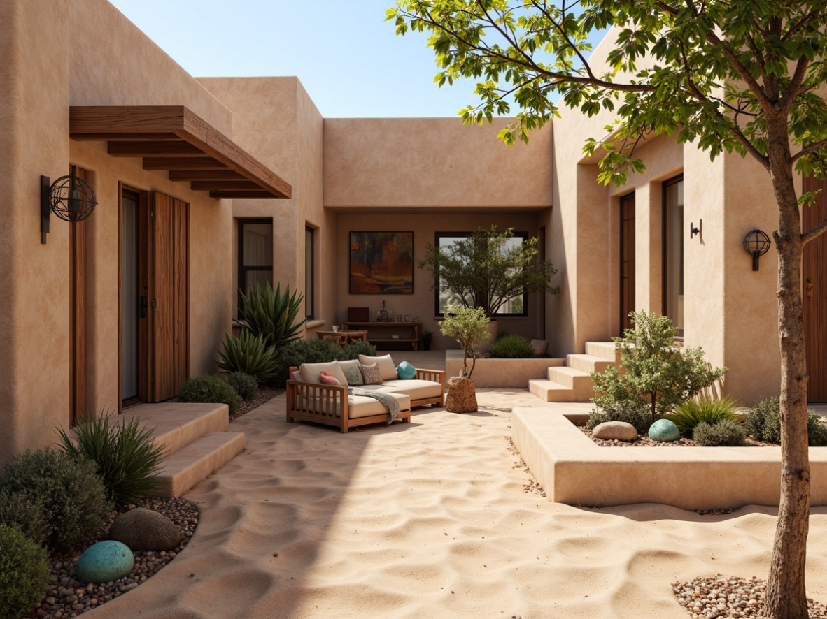 Prompt: Adobe earth tones, natural stone walls, wooden accents, turquoise ornaments, rustic metal fixtures, desert flora, cacti, sandy terrain, warm sunny day, soft gentle lighting, shallow depth of field, 1/2 composition, realistic textures, ambient occlusion, curved lines, organic shapes, earthy color palette, natural materials, handcrafted details, cultural patterns, geometric motifs, vibrant textiles, ornate tile work, wooden beams, stucco finishes.