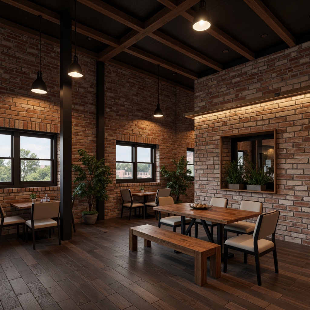 Prompt: Exposed brick walls, industrial chic decor, metal beams, reclaimed wood accents, Edison bulbs, pendant lamps, steel shades, matte black finishes, minimalist designs, urban loft atmosphere, dimmable lighting, warm color temperatures, cozy corner nooks, comfortable seating areas, natural textures, earthy tones, rustic elements, atmospheric shadows, dramatic high ceilings, open floor plans, functional workspaces.