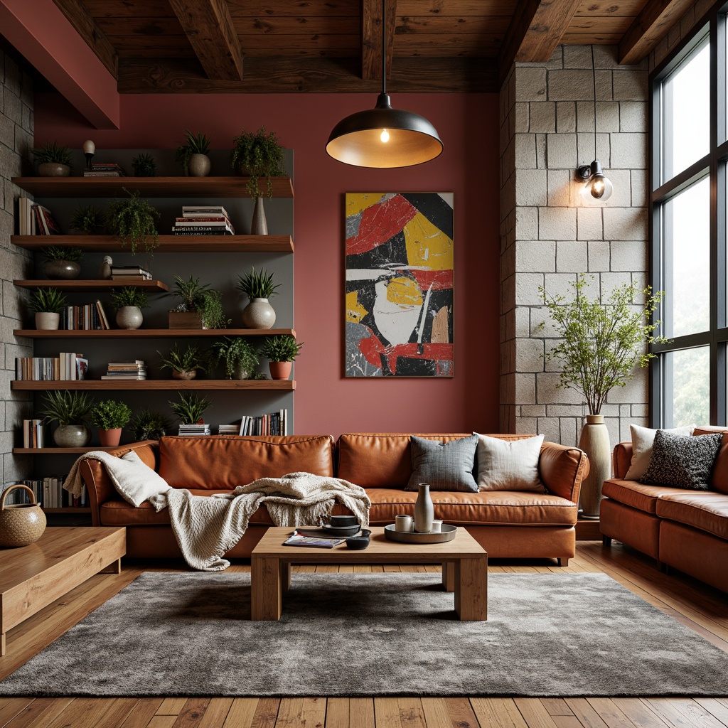 Prompt: Eclectic living room, rich wood flooring, plush area rug, statement walls, bold color accents, textured throw pillows, metallic vases, abstract artwork, industrial-chic lighting fixtures, reclaimed wooden shelves, natural stone feature wall, cozy reading nook, warm ambient lighting, shallow depth of field, 1/2 composition, soft focus, realistic textures.