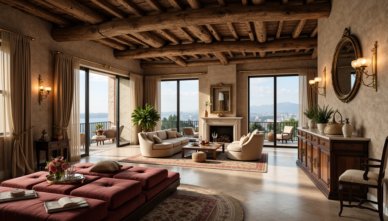 Prompt: Luxurious penthouse, French country style, rustic wooden beams, stone walls, distressed finishes, ornate furnishings, velvet upholstery, gilded accents, crystal chandeliers, soft warm lighting, lavish textiles, rich tapestries, elegant drapery, refined woodwork, carved cabinets, antique furniture pieces, plush area rugs, natural fiber fabrics, vintage decorative accessories, sophisticated color palette, neutral tones, beige marble floors, expansive city views, floor-to-ceiling windows, Juliet balconies, romantic ambiance, intimate seating areas.