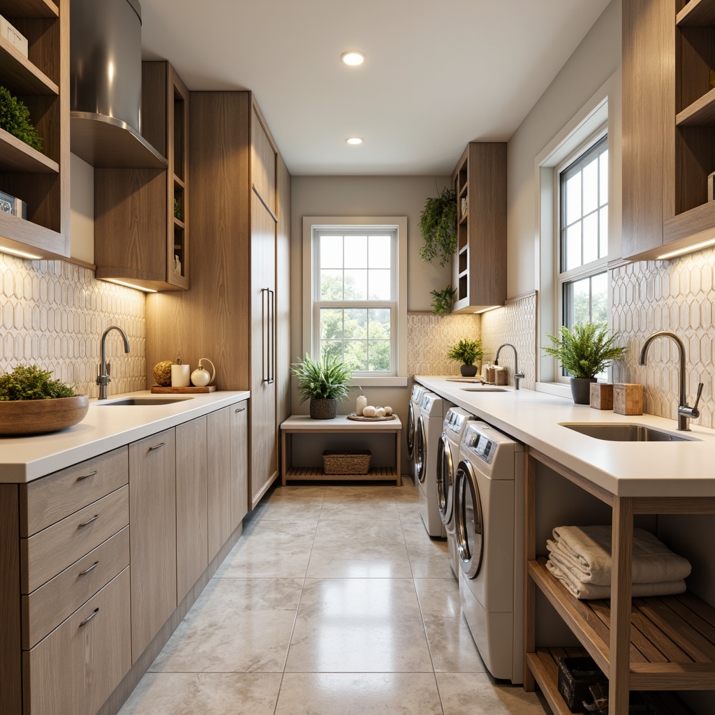 Prompt: Modern laundry room, sleek cabinets, durable quartz countertops, stainless steel appliances, porcelain sinks, chrome faucets, bright LED lighting, soft-close drawers, ample storage space, built-in ironing boards, folding tables, decorative tile backsplashes, warm beige color scheme, natural stone flooring, airy windows, 1/1 composition, realistic textures.