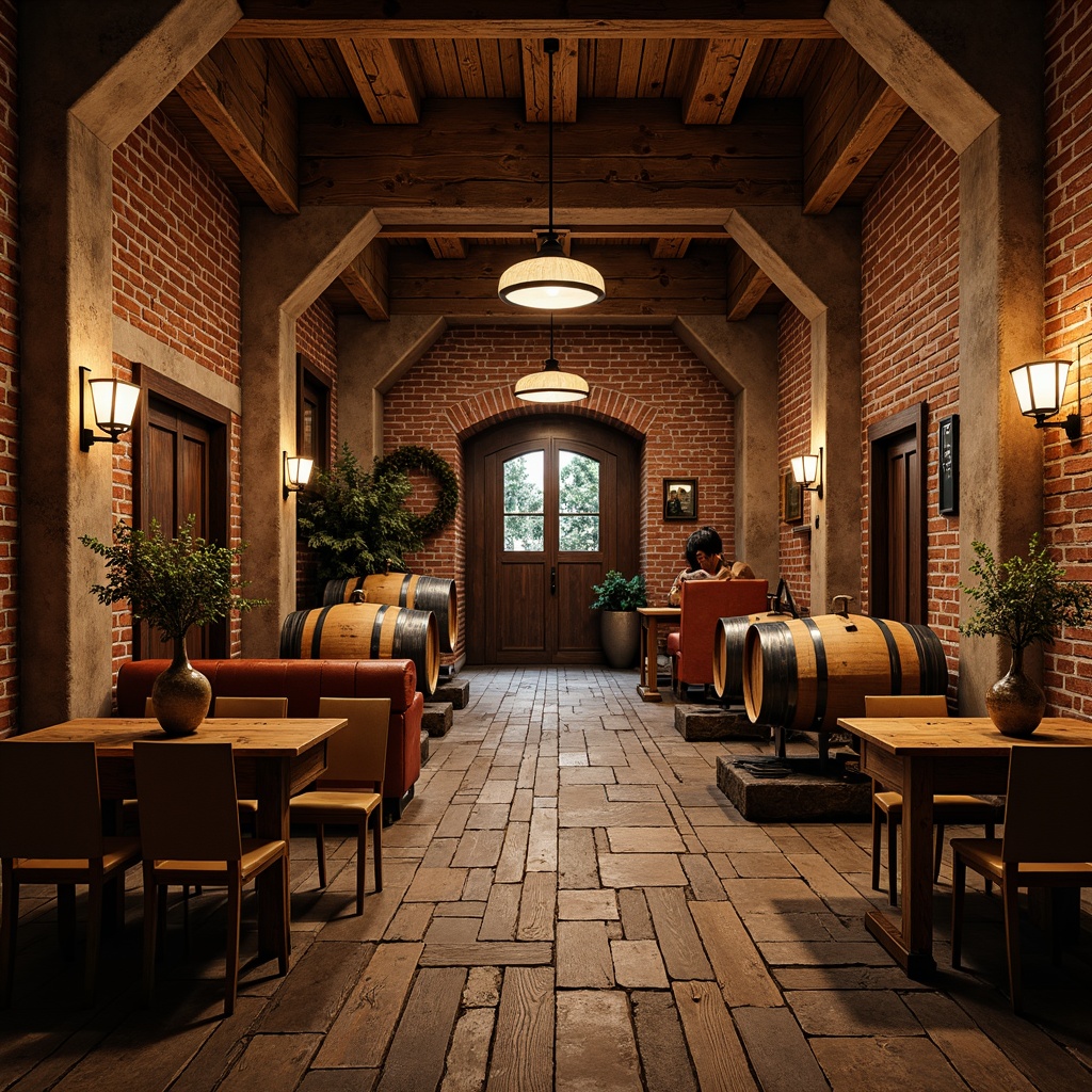 Prompt: Rustic wine cellar, reclaimed wooden planks, distressed stone flooring, earthy tones, natural textures, vintage wine barrels, dim warm lighting, arched doorways, brick walls, wooden beams, wrought iron decor, aged leather furniture, rich wood accents, soft candlelight, cozy atmosphere, 1/1 composition, shallow depth of field, realistic reflections.