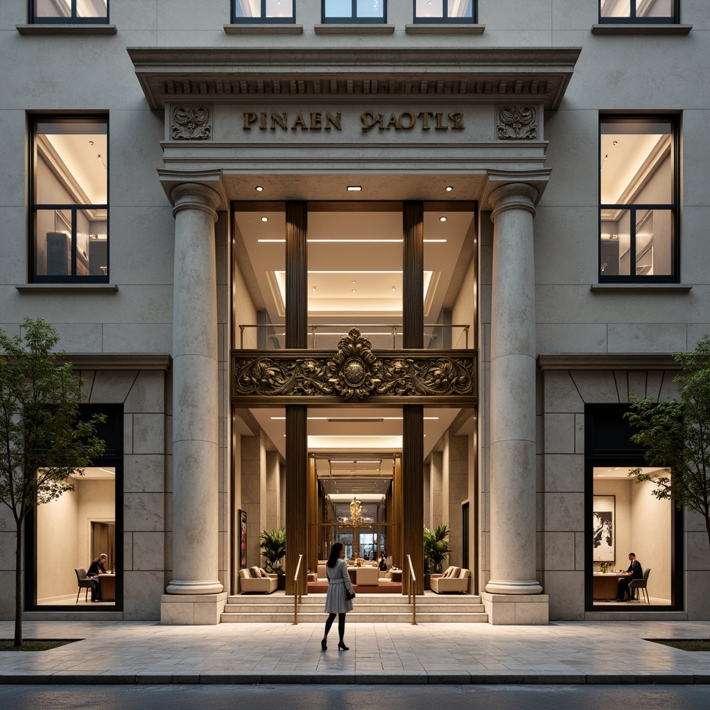 Prompt: Elegant bank building, neoclassical facade, ornate stone carvings, grand entrance, bronze doors, luxurious lobby, high ceilings, marble floors, subtle lighting, rectangular windows, symmetrical arrangement, minimalist ornamentation, neutral color palette, natural textures, subtle reflections, shallow depth of field, 1/2 composition, realistic rendering, ambient occlusion.