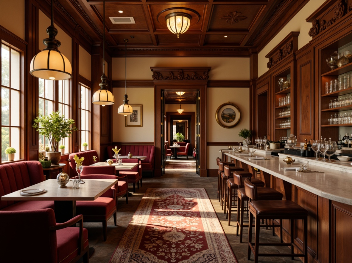 Prompt: Rich wood tones, ornate carvings, plush velvet upholstery, antique bronze hardware, luxurious leather armchairs, vintage-inspired pendant lamps, polished marble countertops, warm beige walls, elegant wooden cabinetry, classic cocktails, sophisticated ambiance, soft golden lighting, 1/1 composition, realistic textures, ambient occlusion.