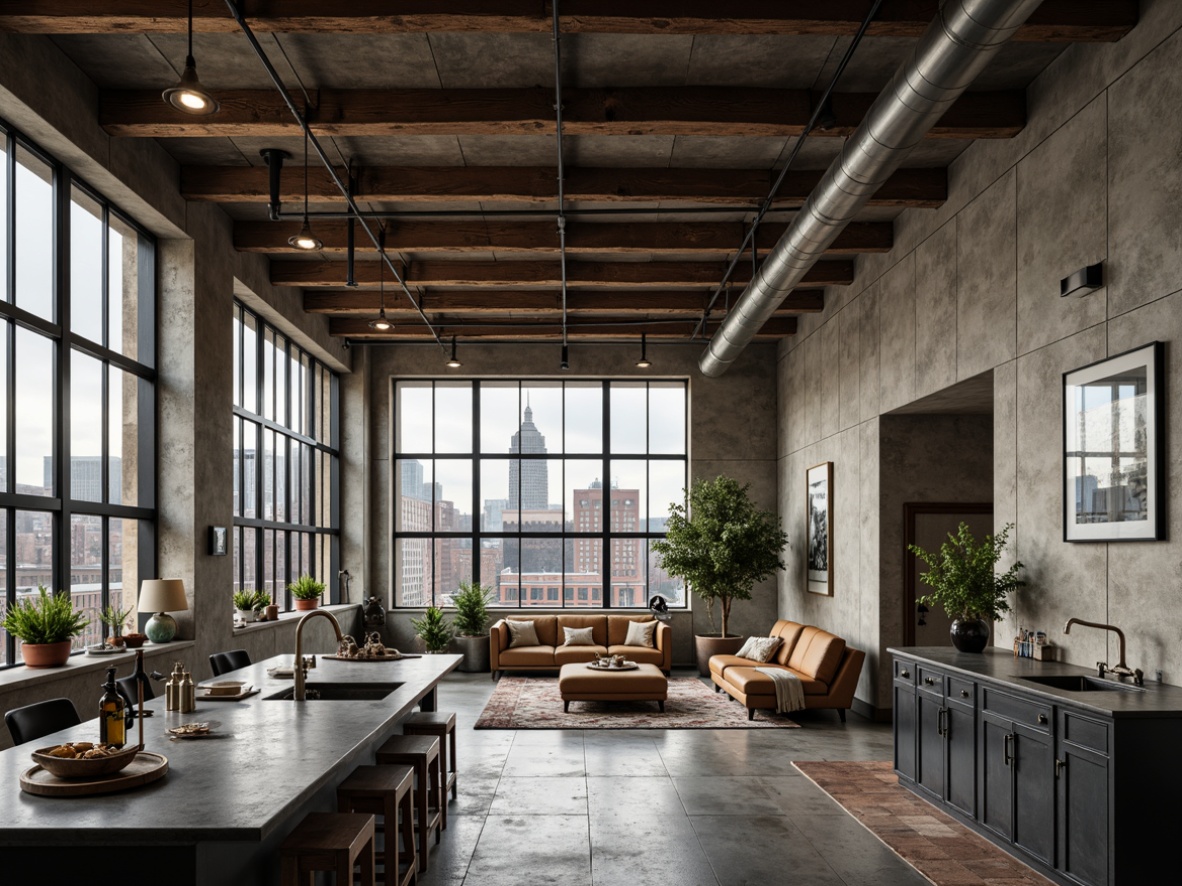 Prompt: Industrial loft interior, exposed beams, raw concrete walls, metal ductwork, reclaimed wood accents, polished steel columns, minimalist lighting fixtures, brutalist architectural style, urban cityscape views, converted warehouse atmosphere, distressed finishes, industrial-chic decor, eclectic art pieces, natural stone flooring, poured concrete countertops, blackened steel appliances, moody atmospheric lighting, shallow depth of field, 1/1 composition, cinematic framing, gritty realistic textures.