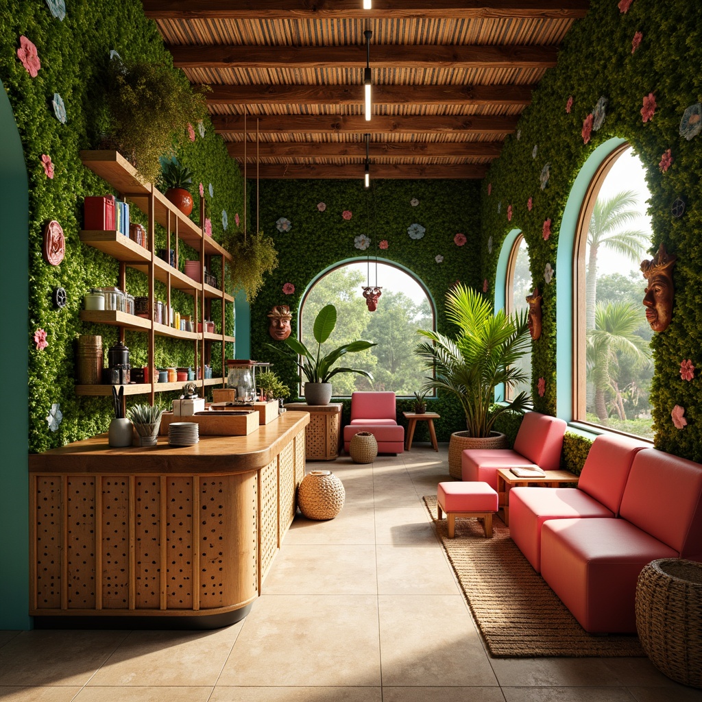 Prompt: Vibrant tropical coffee shop, lush greenery walls, exotic wood accents, natural rattan furniture, woven bamboo decorations, colorful tiki masks, warm sandy beige floors, rich mahogany countertops, bright coral pink and turquoise color scheme, sunny day lighting, soft warm ambiance, shallow depth of field, 1/1 composition, realistic textures, ambient occlusion.