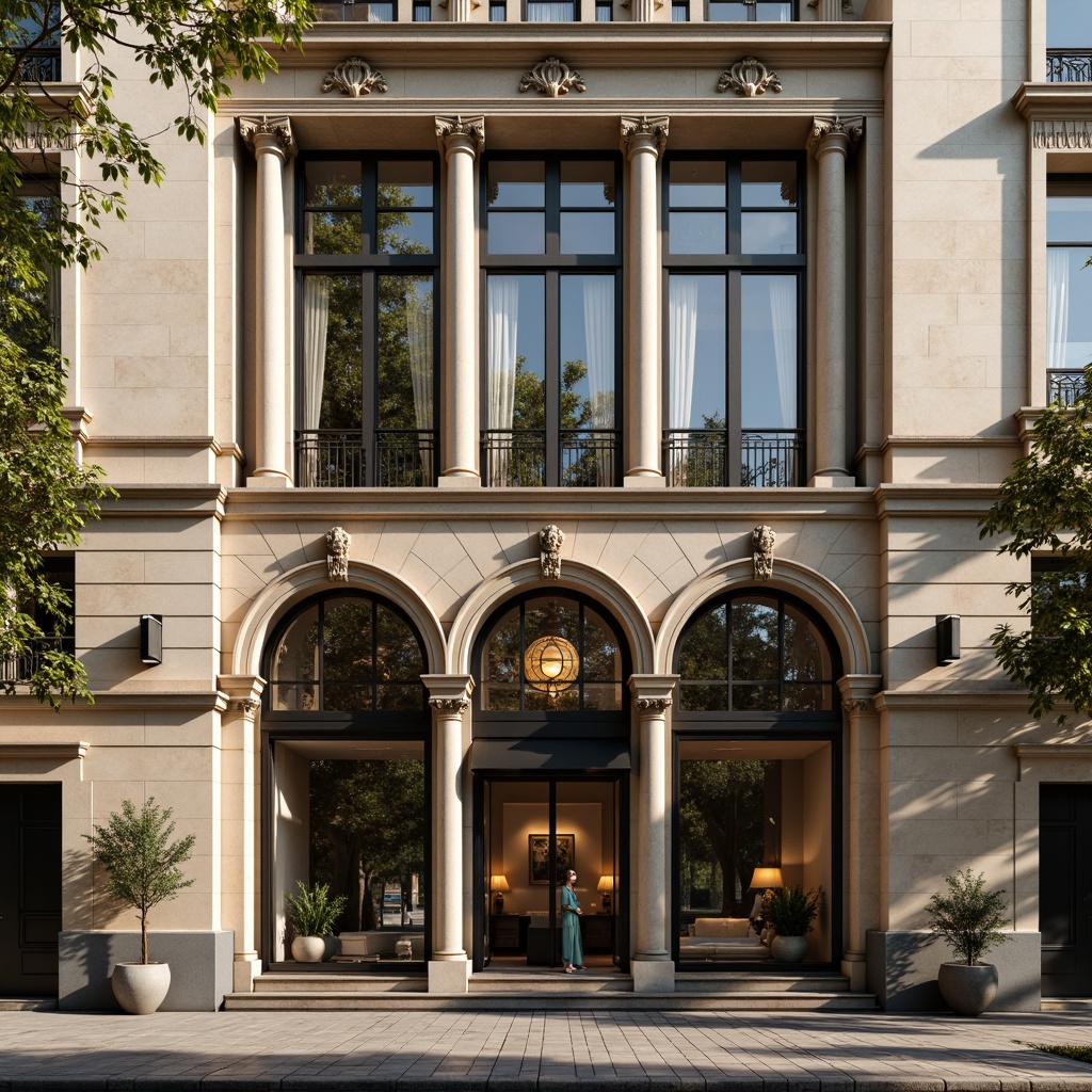 Prompt: Elegant bank building, neoclassical facade, ornate stone carvings, grand entrance, symmetrical composition, large rectangular windows, arched tops, intricate metalwork, subtle Art Deco patterns, earthy color palette, natural light pouring in, soft warm ambiance, shallow depth of field, 2/3 composition, realistic textures, ambient occlusion.