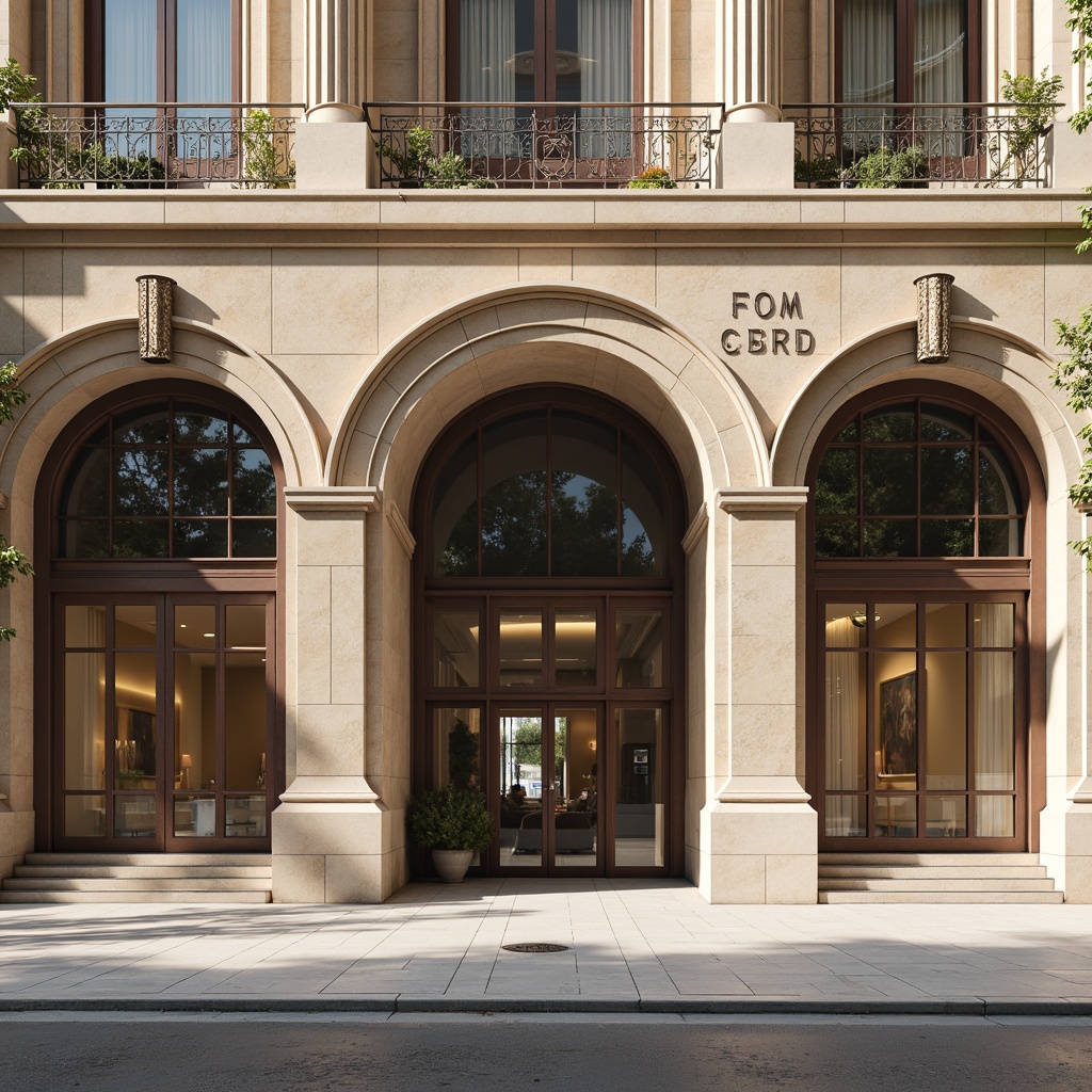 Prompt: Elegant bank facade, transitional style architecture, grand entrance, ornate columns, symmetrical composition, rectangular windows, divided lites, metal grilles, stone carvings, classical details, subtle arches, soft beige tones, warm natural light, shallow depth of field, 1/1 composition, realistic reflections, ambient occlusion.