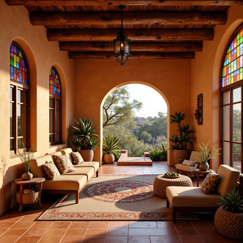 Prompt: Vibrant villa interior, southwestern style decor, stained glass windows, colorful mosaic patterns, warm earthy tones, rustic wooden beams, terracotta flooring, plush furnishings, intricate ironwork details, arched doorways, cozy nooks, soft warm lighting, shallow depth of field, 1/1 composition, realistic textures, ambient occlusion, desert landscape views, cactus plants, sunny afternoon, warm golden hour.