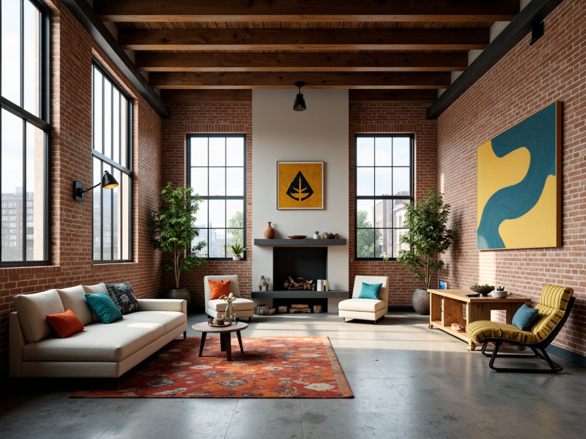 Prompt: Exposed brick walls, industrial metal beams, polished concrete floors, reclaimed wood accents, minimalist decor, neutral color palette, bold pops of turquoise, vibrant orange, deep yellow, rich blue, textured throw blankets, vintage furniture pieces, modern lighting fixtures, geometric-patterned rugs, abstract artwork, urban loft atmosphere, natural light pouring in, high ceilings, open-plan living space, cozy reading nooks, dramatic shadows, warm ambient glow, 1/1 composition, softbox lighting.