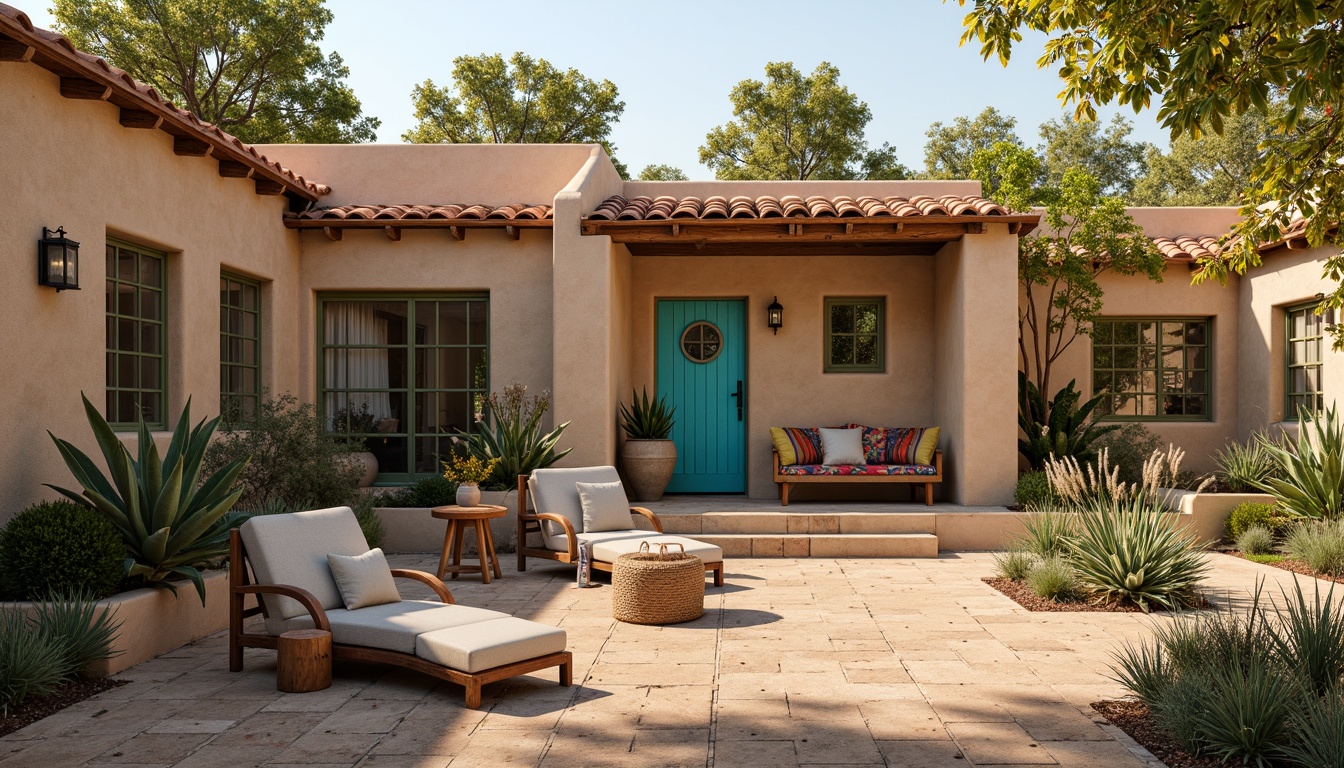 Prompt: Earthy southwestern villa, warm beige stucco exterior, rustic wooden accents, vibrant turquoise doors, windows with ornate metalwork, terracotta roof tiles, lush green succulents, sandy courtyard, natural stone pathways, wrought iron railings, distressed wood furniture, colorful kilim-inspired textiles, warm golden lighting, soft focus, 1/2 composition, realistic textures, ambient occlusion.