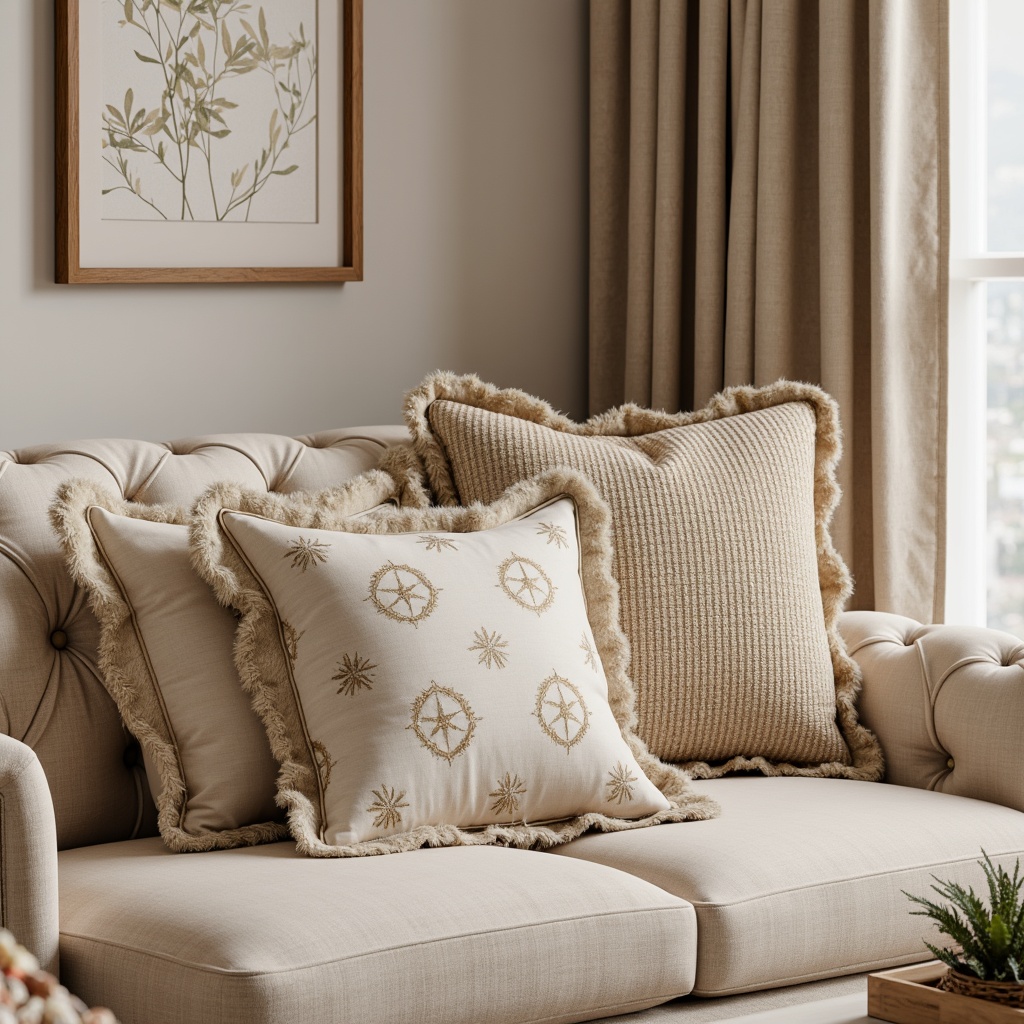 Prompt: Luxurious velvet fabrics, soft pastel hues, subtle sheen, tufted upholstery, metallic accents, plush throw pillows, natural linen textures, woven bamboo patterns, rich brocade designs, intricate embroidery details, ornate tassels, delicate lace trimmings, warm beige tones, sophisticated neutral palettes, elegant silk drapes, refined cotton fabrics, sumptuous faux fur elements.