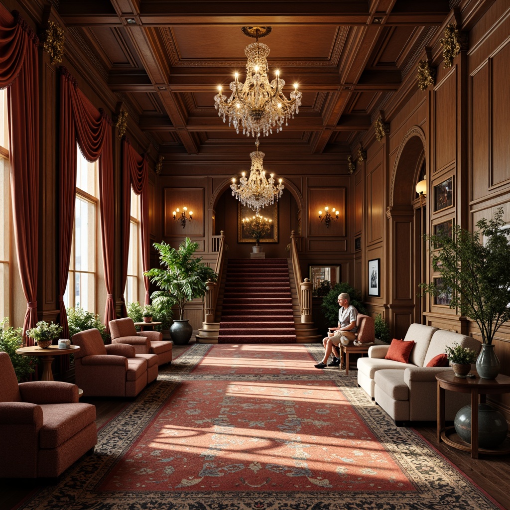 Prompt: Rustic wooden floors, distressed finishes, ornate patterns, luxurious carpets, velvet textures, rich jewel tones, golden accents, crystal chandeliers, lavish furnishings, grand staircases, elegant archways, soft warm lighting, shallow depth of field, 3/4 composition, panoramic view, realistic textures, ambient occlusion.