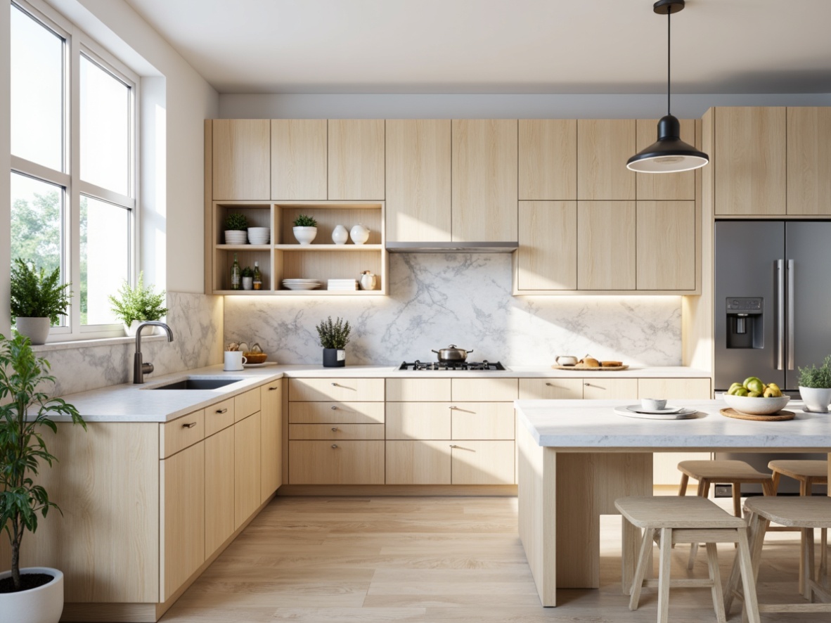 Prompt: Soft pastel hues, gentle whites, creamy beiges, pale blues, calming greens, warm neutrals, subtle wood textures, natural stone countertops, modern minimalist cabinets, sleek metal appliances, ample natural light, softbox lighting, shallow depth of field, 3/4 composition, realistic reflections, ambient occlusion.