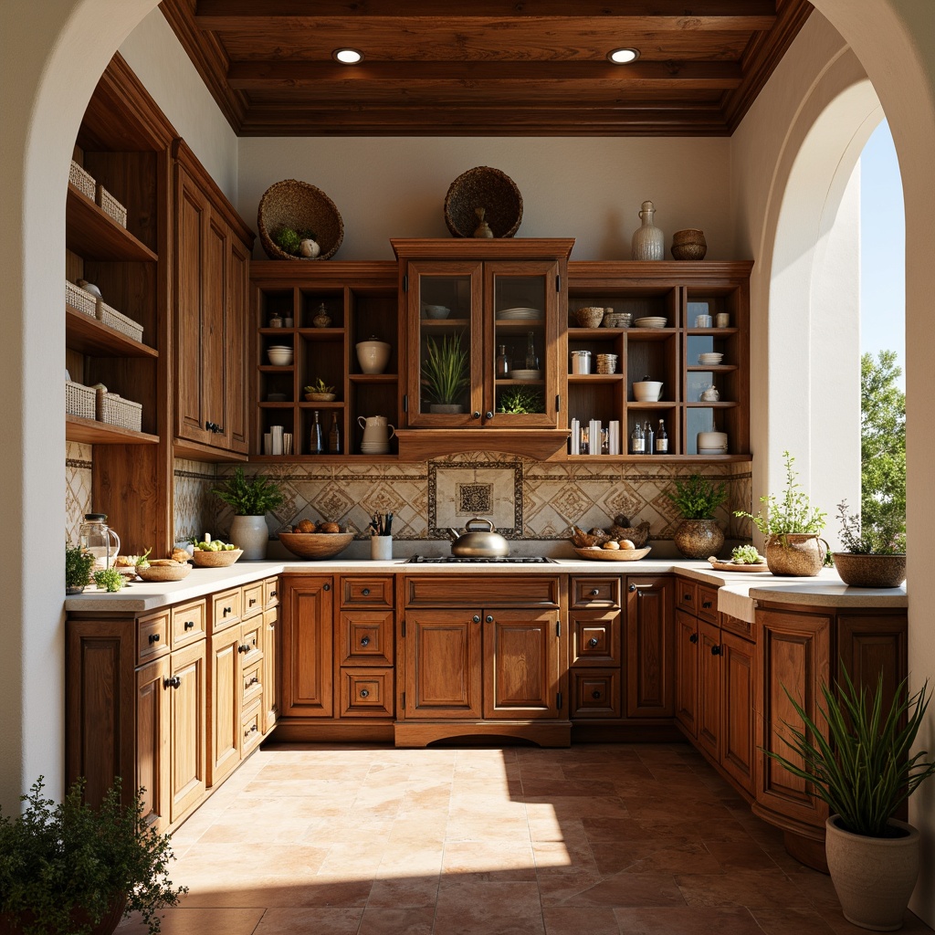 Prompt: Warm Mediterranean pantry, rich wood tones, ornate carvings, distressed finishes, decorative tiles, rustic metal accents, woven baskets, earthy ceramics, natural stone countertops, soft warm lighting, shallow depth of field, 3/4 composition, inviting atmosphere, aromatic scents, abundant storage, elegant cabinetry, subtle archways, creamy white walls, terra cotta floors, lush greenery, sunny day.