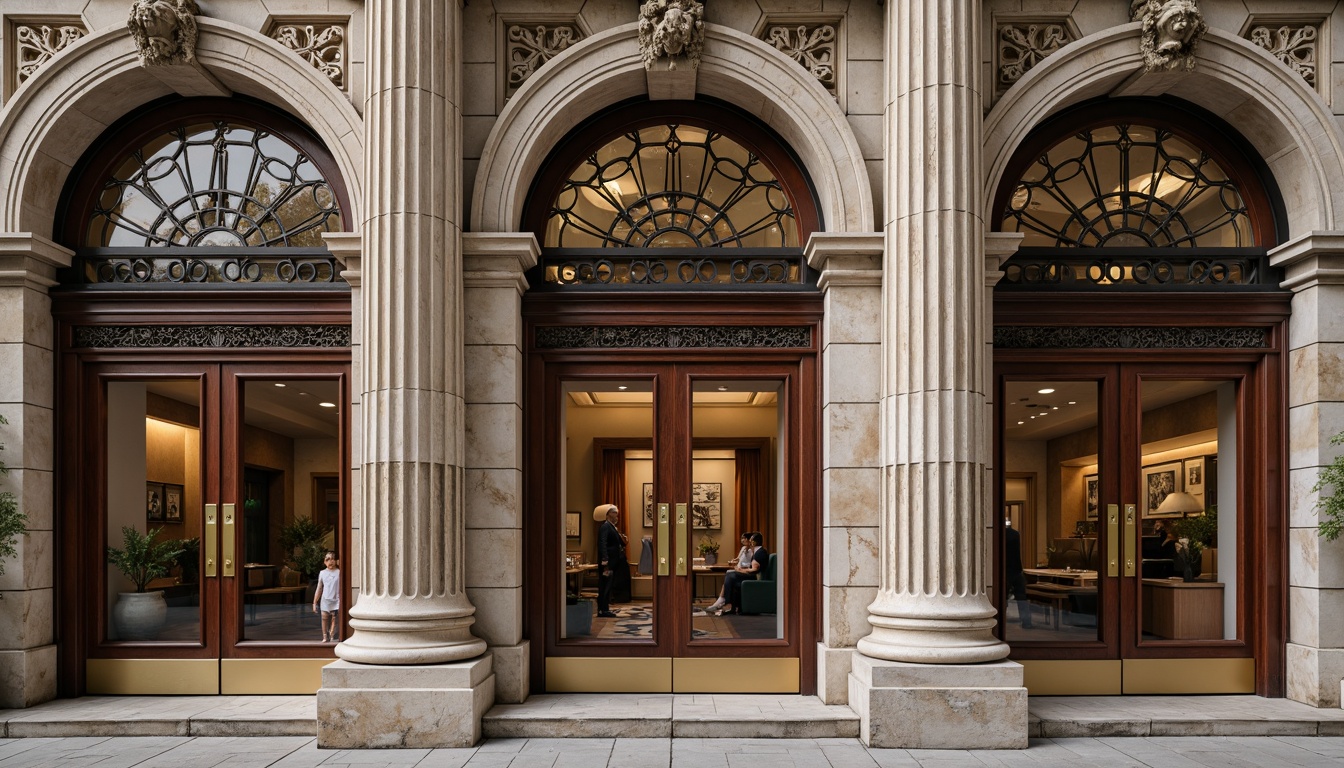 Prompt: Elegant bank facade, ornate stone carvings, grand entrance arches, bronze door handles, classic wooden doors, stained glass windows, geometric patterns, Beaux-Arts influences, Renaissance Revival style, symmetrical composition, dramatic columns, rusticated base, limestone walls, subtle Art Deco accents, warm golden lighting, shallow depth of field, 2/3 composition, realistic reflections, ambient occlusion.