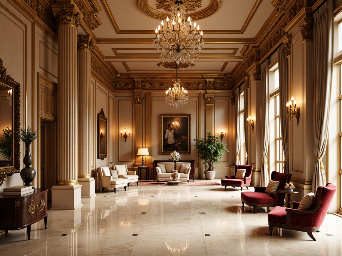 Prompt: Elegant neoclassical interior, ornate molding details, rich wood paneling, creamy marble floors, intricate carvings, gilded accents, soft warm lighting, subtle shading, 1/1 composition, realistic textures, ambient occlusion, refined furniture pieces, velvet upholstery, luxurious fabrics, sophisticated color palette, tall ceilings, grand chandeliers, ornate mirrors, symmetrical layouts, harmonious proportions.