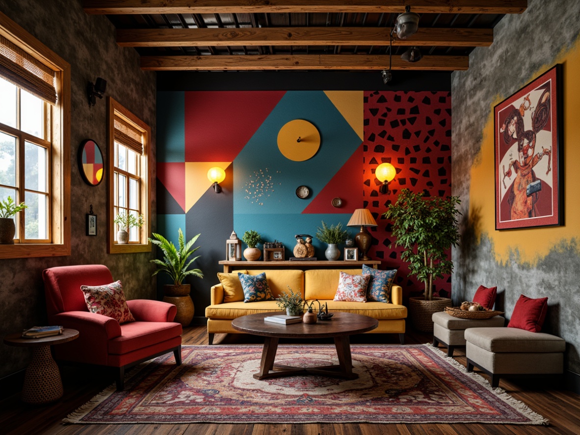 Prompt: Richly textured walls, bold geometric patterns, vibrant colors, eclectic furniture, playful decorative accents, ornate mirrors, chunky rugs, statement lighting fixtures, asymmetrical compositions, industrial-chic metal beams, distressed wood accents, luxurious velvet fabrics, abstract artwork, moody atmospheric lighting, cinematic shadows, dramatic focal points, 1/1 composition, shallow depth of field, soft warm glow.