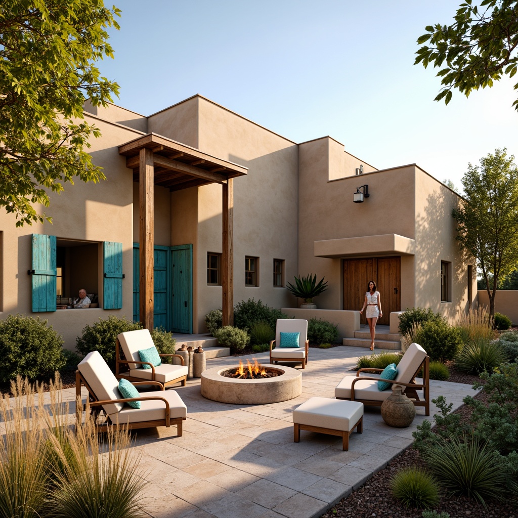 Prompt: Earth-toned stucco exterior, warm beige walls, rustic wooden accents, vibrant turquoise doors, ornate metalwork, natural stone pavers, lush greenery, desert flora, cactus plants, warm sunny day, soft golden lighting, shallow depth of field, 3/4 composition, panoramic view, realistic textures, ambient occlusion, Southwestern-inspired architecture, Mediterranean-style roof tiles, arched windows, ornate ironwork, rustic wooden beams, cozy outdoor seating areas, fire pit gathering spaces.