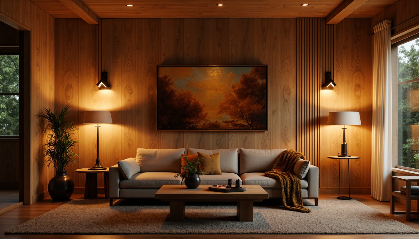 Prompt: Mid-century modern living room, warm ambient lighting, sleek metal sconces, minimalist pendant lights, geometric-shaped table lamps, retro-style floor lamps, natural wood tones, earthy color palette, woven textiles, organic shapes, 3/4 composition, shallow depth of field, soft warm glow, realistic materials, ambient occlusion.