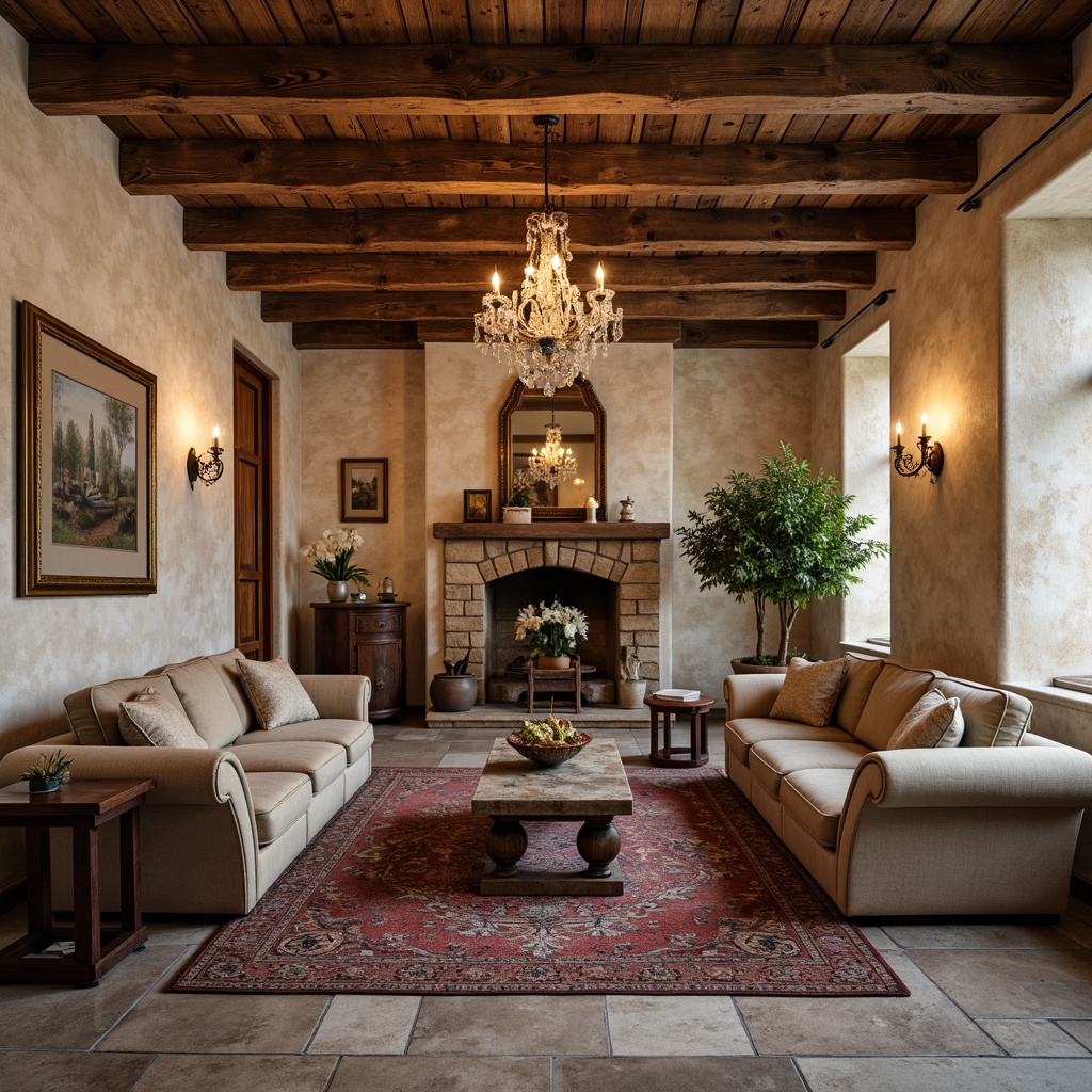 Prompt: Rustic French country-style apartment, distressed wood accents, soft beige stucco walls, ornate wooden ceiling beams, elegant crystal chandeliers, plush velvet sofas, richly patterned rugs, vintage antique furniture, limestone flooring, decorative stone archways, warm candlelight, 1/2 composition, intimate close-up shots, realistic textures, subtle ambient lighting.