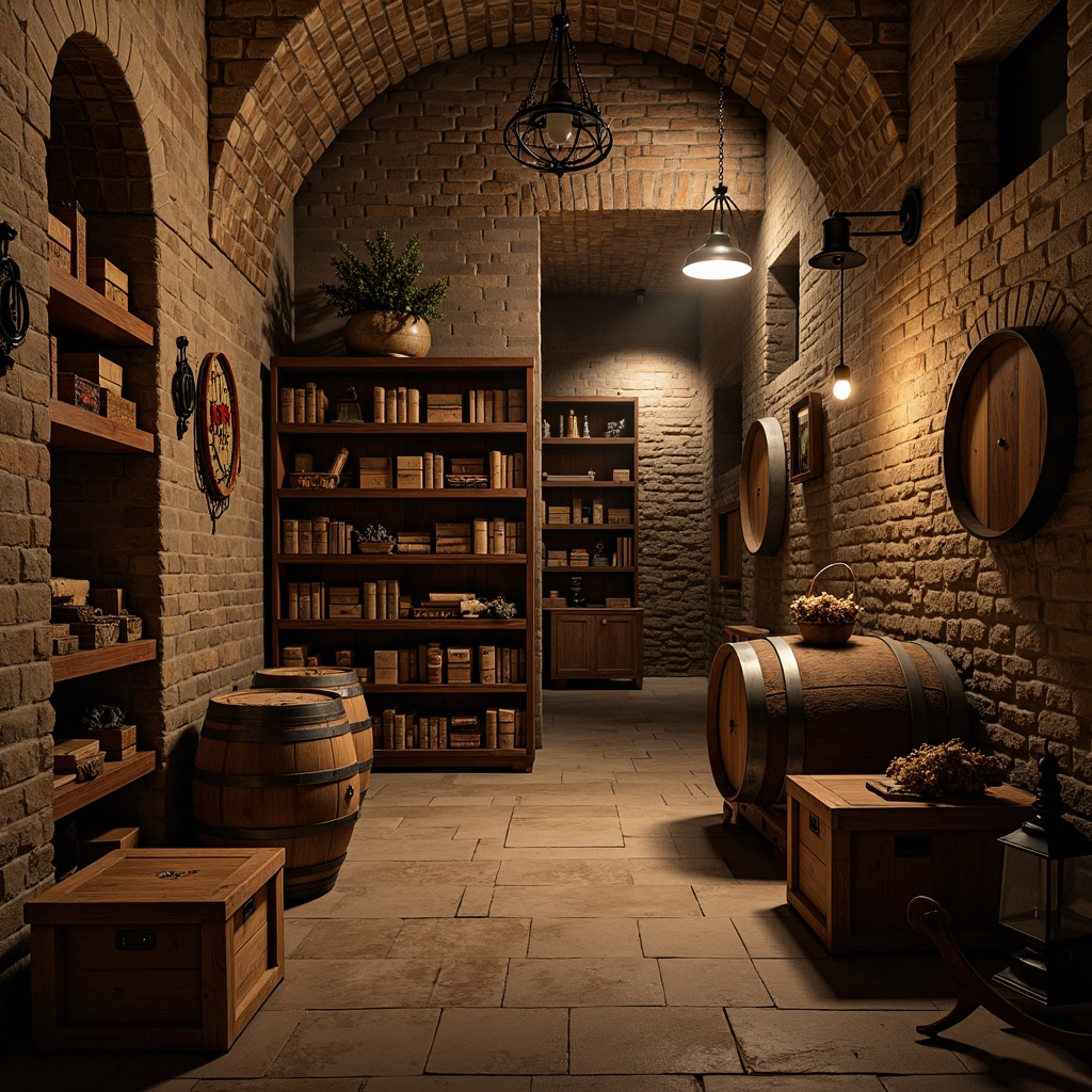 Prompt: Rustic wine cellar, distressed wooden crates, vintage metal barrels, reclaimed wood shelves, earthy stone walls, dim warm lighting, rich leather-bound tomes, ornate metal lanterns, aged brick archways, wooden wine racks, natural stone flooring, wrought iron decor, earth-toned color palette, soft ambient glow, shallow depth of field, 2/3 composition, rustic textures, subtle atmospheric effects.