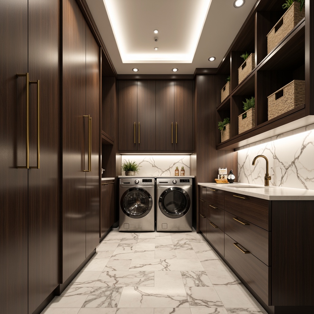 Prompt: Luxurious laundry room, sleek cabinets with golden hardware, high-gloss finish, soft-close drawers, marble countertops, LED lighting, modern minimalist design, large capacity washer and dryer, stainless steel appliances, polished chrome fixtures, elegant storage solutions, ample shelving, woven baskets, natural stone flooring, subtle texture variations, warm ambient lighting, shallow depth of field, 1/1 composition, realistic reflections.