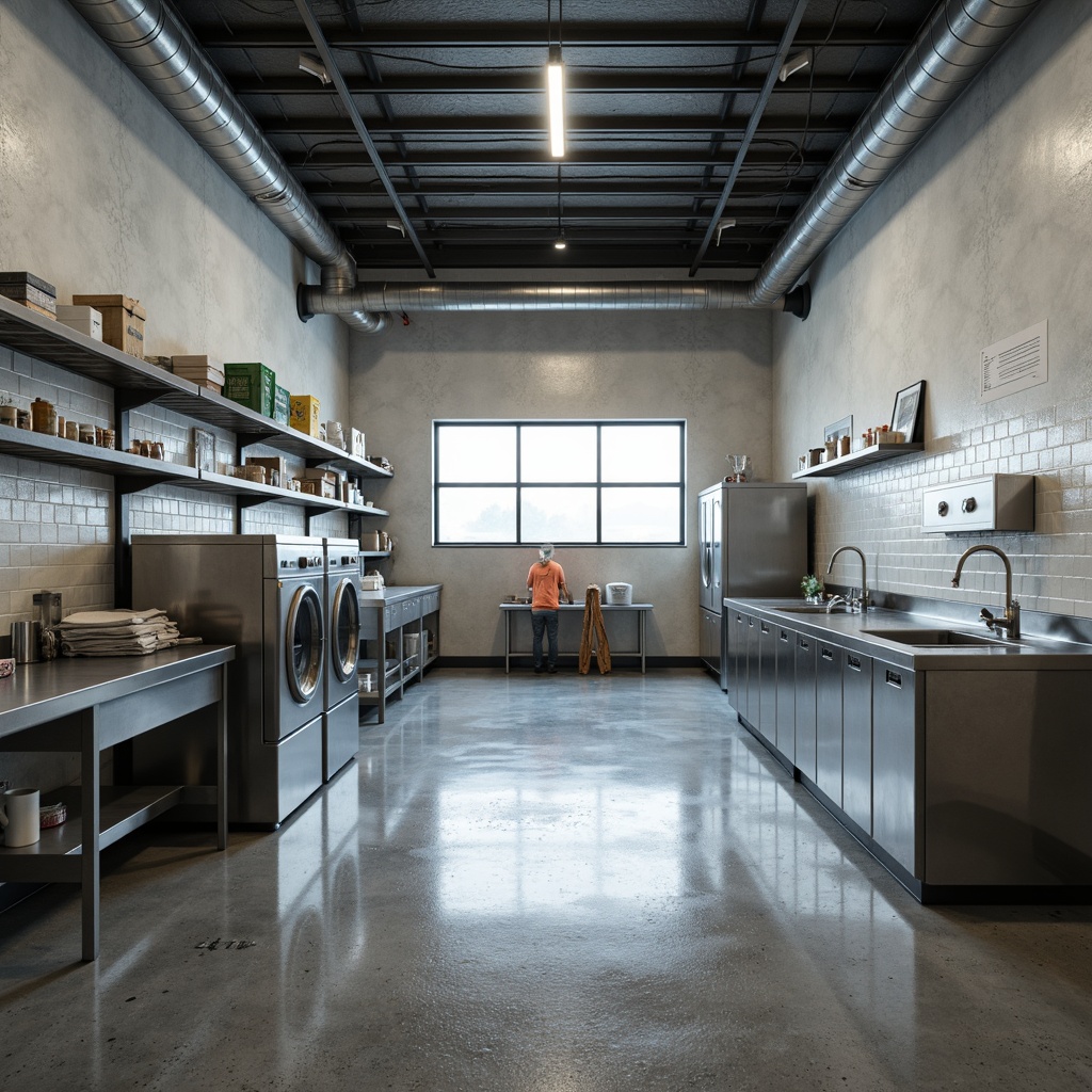 Prompt: Industrial laundry room, durable countertops, stainless steel sinks, commercial-grade washing machines, dryers, ironing boards, built-in shelving, metal cabinets, epoxy resin flooring, bright overhead lighting, 1/1 composition, shallow depth of field, realistic textures, ambient occlusion.