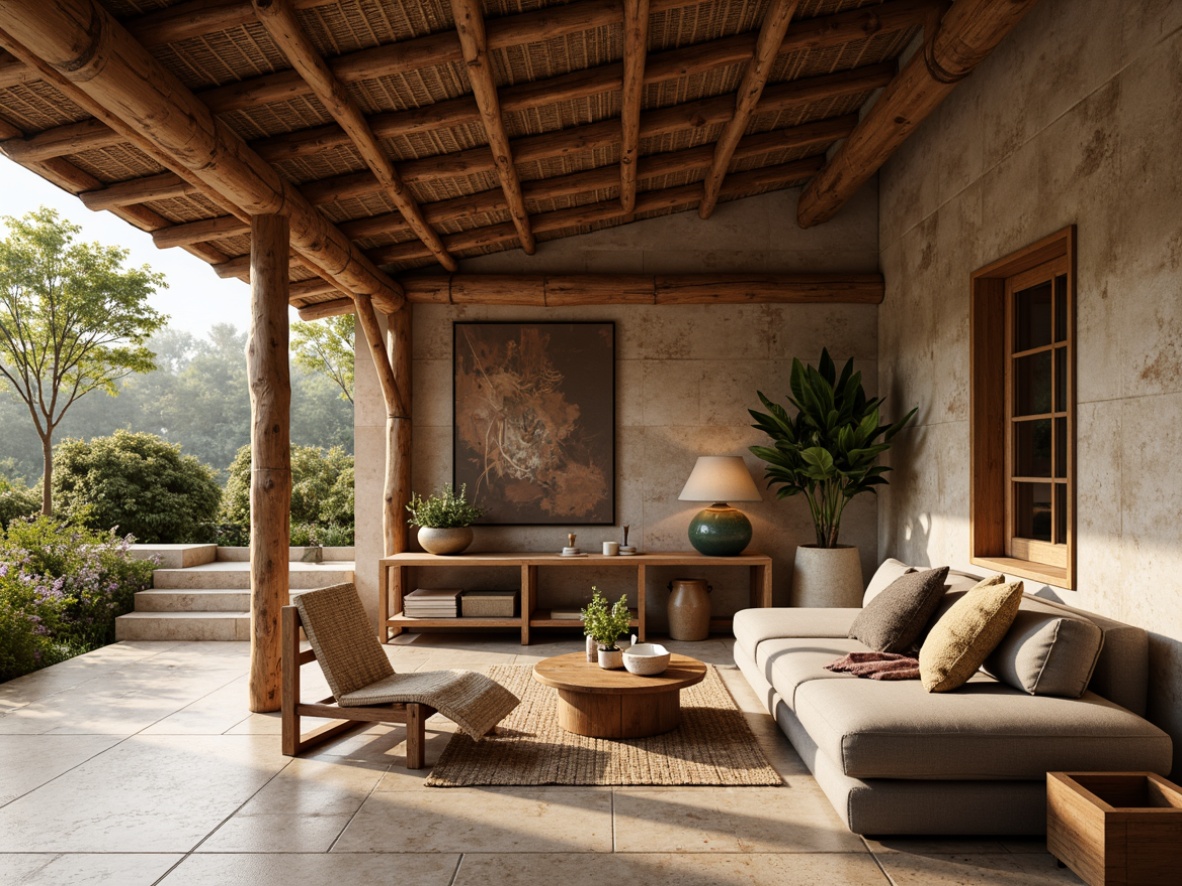 Prompt: Rustic wooden accents, earthy color palette, natural stone cladding, woven bamboo textures, handmade ceramic tiles, distressed finishes, organic shapes, regional cultural patterns, traditional craftsmanship, warm cozy ambiance, soft diffused lighting, shallow depth of field, 1/2 composition, realistic material details, ambient occlusion.