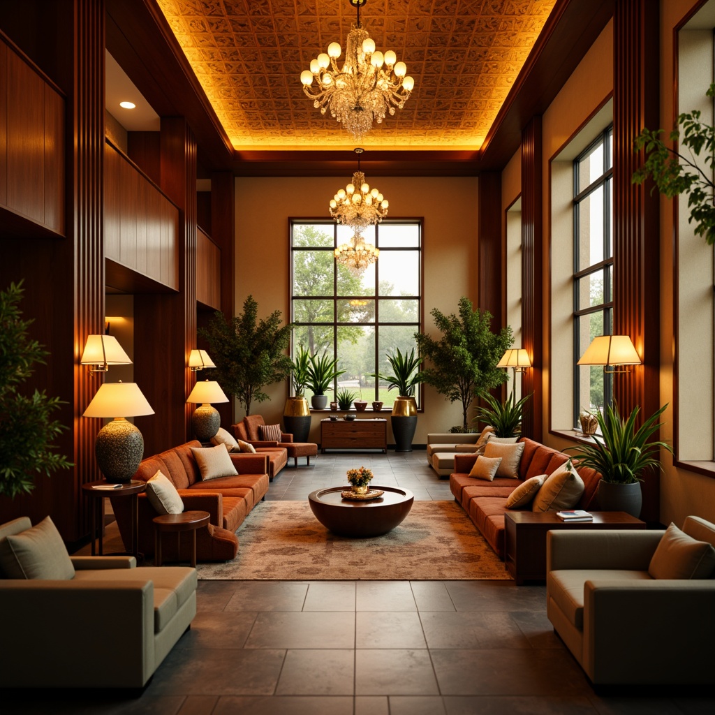 Prompt: Cozy hotel lobby, warm ambiance, soft golden lighting, elegant chandeliers, suspended lamps, wooden accents, plush furnishings, vibrant color schemes, ambient occlusion, shallow depth of field, 3/4 composition, panoramic view, realistic textures, modern hospitality design, luxurious atmosphere, sophisticated decor, refined materials, subtle illumination, dramatic ceiling fixtures, warm white lighting, LED strips, indirect lighting, decorative sconces, intimate seating areas, relaxing ambiance.