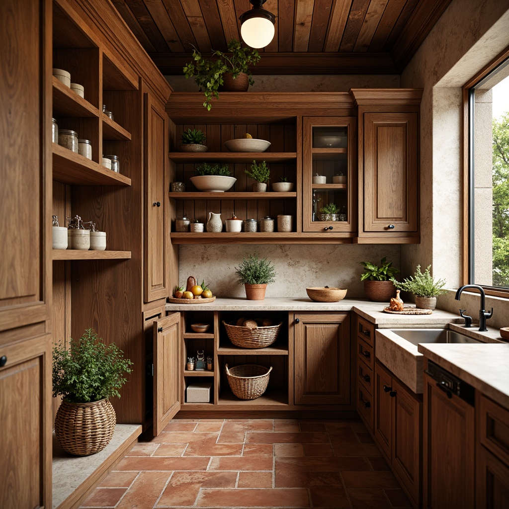 Prompt: Warm Mediterranean pantry, distressed wood cabinets, ornate metal hardware, earthy terracotta tiles, rustic stone countertops, woven wicker baskets, vintage ceramic jars, aromatic spice racks, soft warm lighting, shallow depth of field, 3/4 composition, natural textures, ambient occlusion.