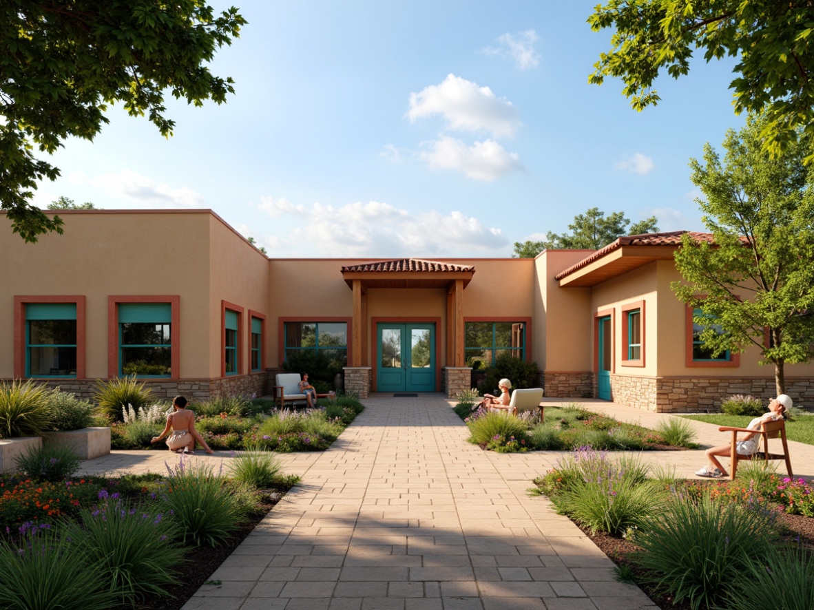 Prompt: Earthy community center, warm beige walls, rustic wooden accents, natural stone foundations, vibrant turquoise doors, bright coral window frames, soft sage roof tiles, lush greenery surroundings, blooming flower gardens, sunny day, gentle warm lighting, shallow depth of field, 3/4 composition, panoramic view, realistic textures, ambient occlusion.