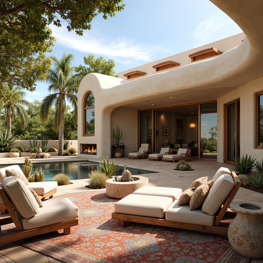 Prompt: Southwestern-style villa, earthy tones, stucco exterior, curved lines, rustic wooden accents, large windows, sliding glass doors, skylights, clerestory windows, high ceilings, open floor plan, minimal obstructions, reflective interior surfaces, creamy white walls, warm beige floors, natural stone fireplaces, lush greenery, desert landscape, cacti plants, vibrant colorful textiles, intricate geometric patterns, sunny day, soft warm lighting, shallow depth of field, 3/4 composition, panoramic view, realistic textures, ambient occlusion.