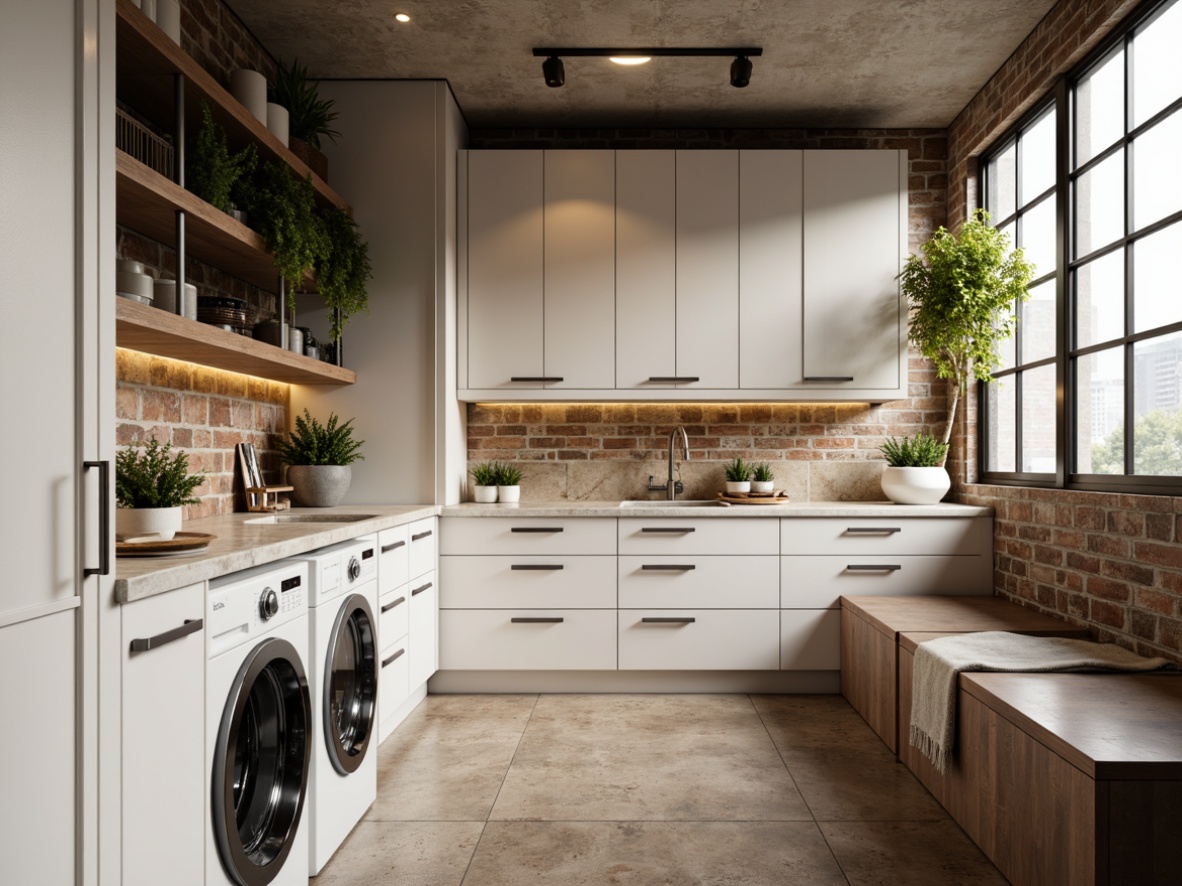 Prompt: Modern laundry room, stylish cabinets, sleek handles, high-gloss finishes, soft-close drawers, minimalist hardware, white marble countertops, chrome faucets, industrial-style lighting, exposed brick walls, natural stone floors, warm beige colors, cozy textiles, hanging planters, large windows, abundant natural light, shallow depth of field, 1/1 composition, realistic reflections, ambient occlusion.