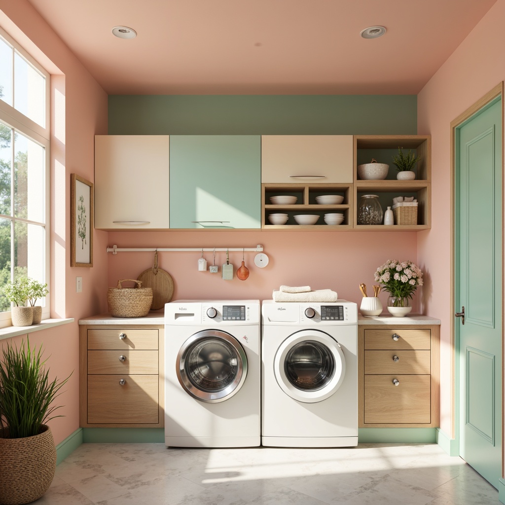 Prompt: Vibrant laundry room, pastel color scheme, soft peach tones, calming mint green, creamy whites, warm beige accents, natural wood cabinetry, sleek metal appliances, modern minimalist decor, ample natural light, airy open space, subtle textures, realistic reflections, shallow depth of field, 1/1 composition, intimate close-up view.