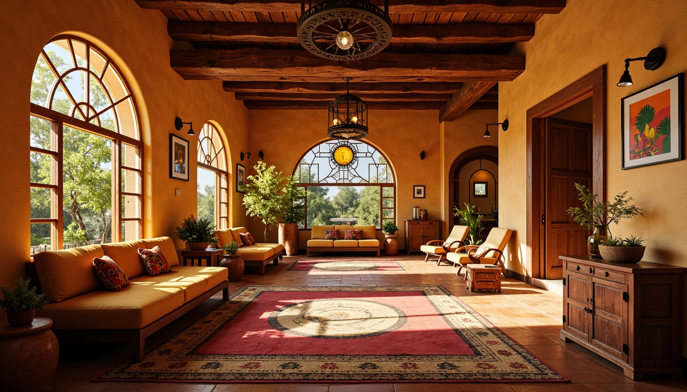 Prompt: Vibrant villa interior, southwestern style decor, stained glass windows, warm golden lighting, earthy tone walls, rustic wooden floors, plush furnishings, colorful textiles, geometric patterns, ornate metal fixtures, arched doorways, high ceilings, dramatic chandeliers, luxurious ambiance, soft focus, shallow depth of field, 1/1 composition, warm color palette, intricate details, realistic reflections.