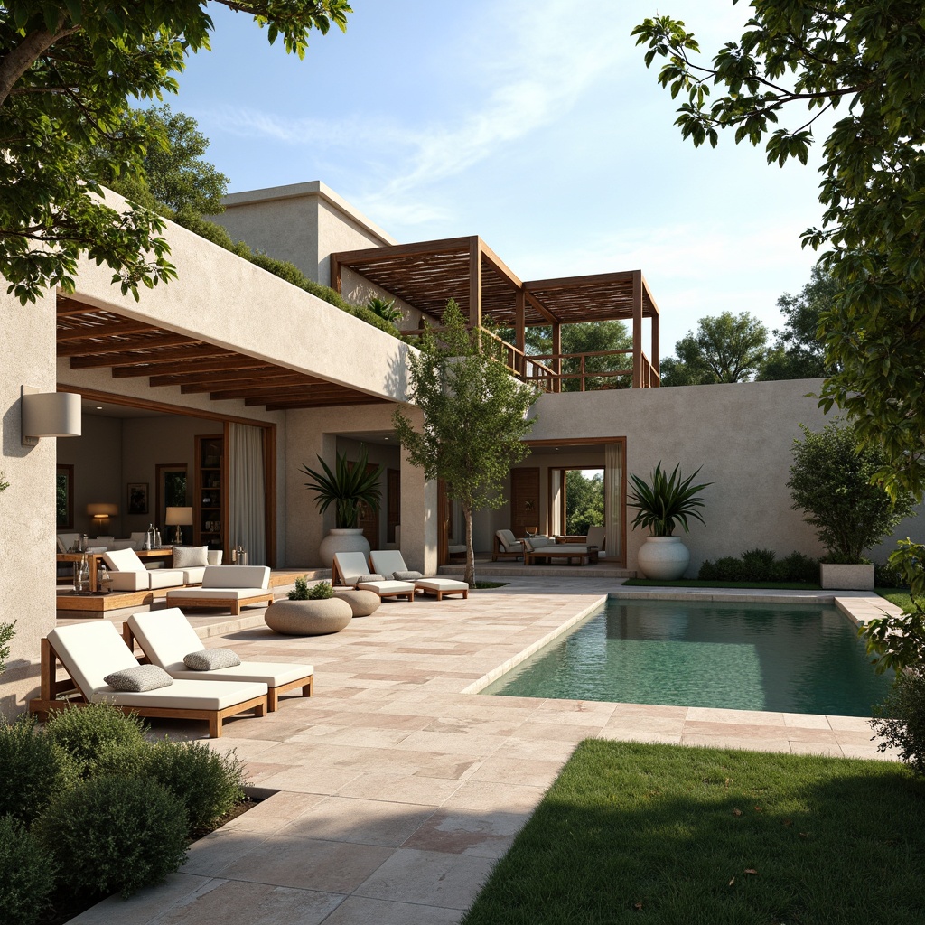 Prompt: Spacious villa courtyard, lush greenery, natural stone flooring, wooden pergolas, outdoor seating areas, water features, infinity pools, sun loungers, Mediterranean architecture, earthy tones, warm ambient lighting, shallow depth of field, 3/4 composition, panoramic view, realistic textures, ambient occlusion, floor-to-ceiling windows, sliding glass doors, minimalist interior design, elegant furnishings, airy atmosphere.