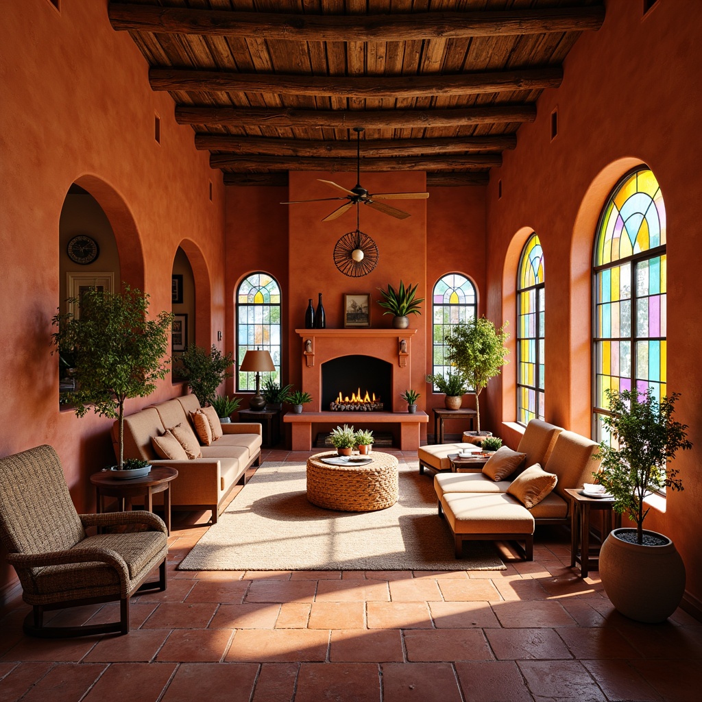 Prompt: Vibrant villa interior, southwestern style, warm earthy tones, stained glass windows, colorful geometric patterns, rustic wooden accents, terracotta flooring, plush furnishings, woven textiles, natural stone fireplaces, cozy reading nooks, soft warm lighting, shallow depth of field, 3/4 composition, realistic textures, ambient occlusion.